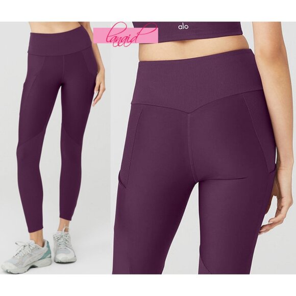 ALO Yoga Pants - Alo Ribbed Airlift High-Waist 7/8 Enchanted Leggings Dark Plum Purple Hi-Rise S